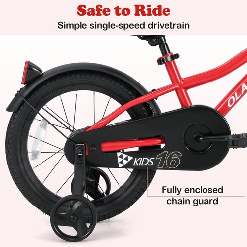 Olakids Kids Bike, 12 14 16 18 Inch Toddlers Bike with Training Wheels Safety Bell Adjustable Seat and Handlebar, Handbrake and Coaster Brake, Children's Bicycle for Boys Girls (16 Inch, Red)