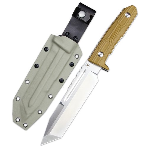 LENGREN Tactical Fixed Blade Knife, 11.8 inch, Full Tang Tanto Blade with G10 Handle and Kydex Sheath (Khaki handle white blade)