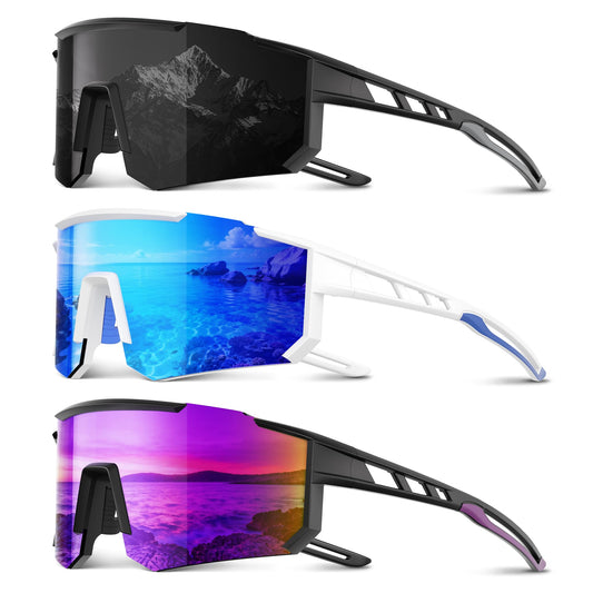 Foliful 3 Pack Polarized Sports Sunglasses Men Women, Running Mens Sunglasses UV Protection for Baseball Cycling Fishing, Ice Blue/Grey/Purple