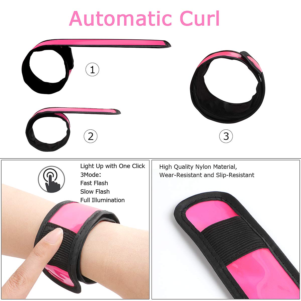 LOBKIN Safety Bracelets, LED Slap Armband Kids Camping Walking at Night Safe LED Light Wrist Light Reflective Belt, Magic Band Running Lights for Runners