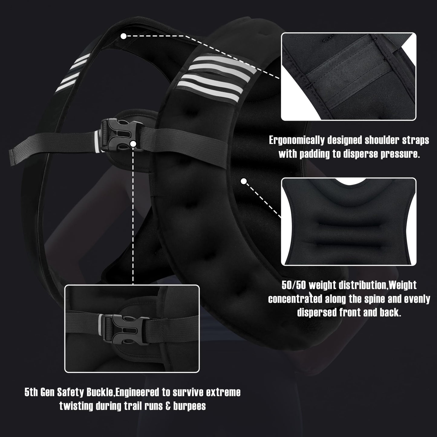 NATURELUX Weighted Vest with Reflective Stripe and Adjustable Buckle Straps, Black, 5 lbs