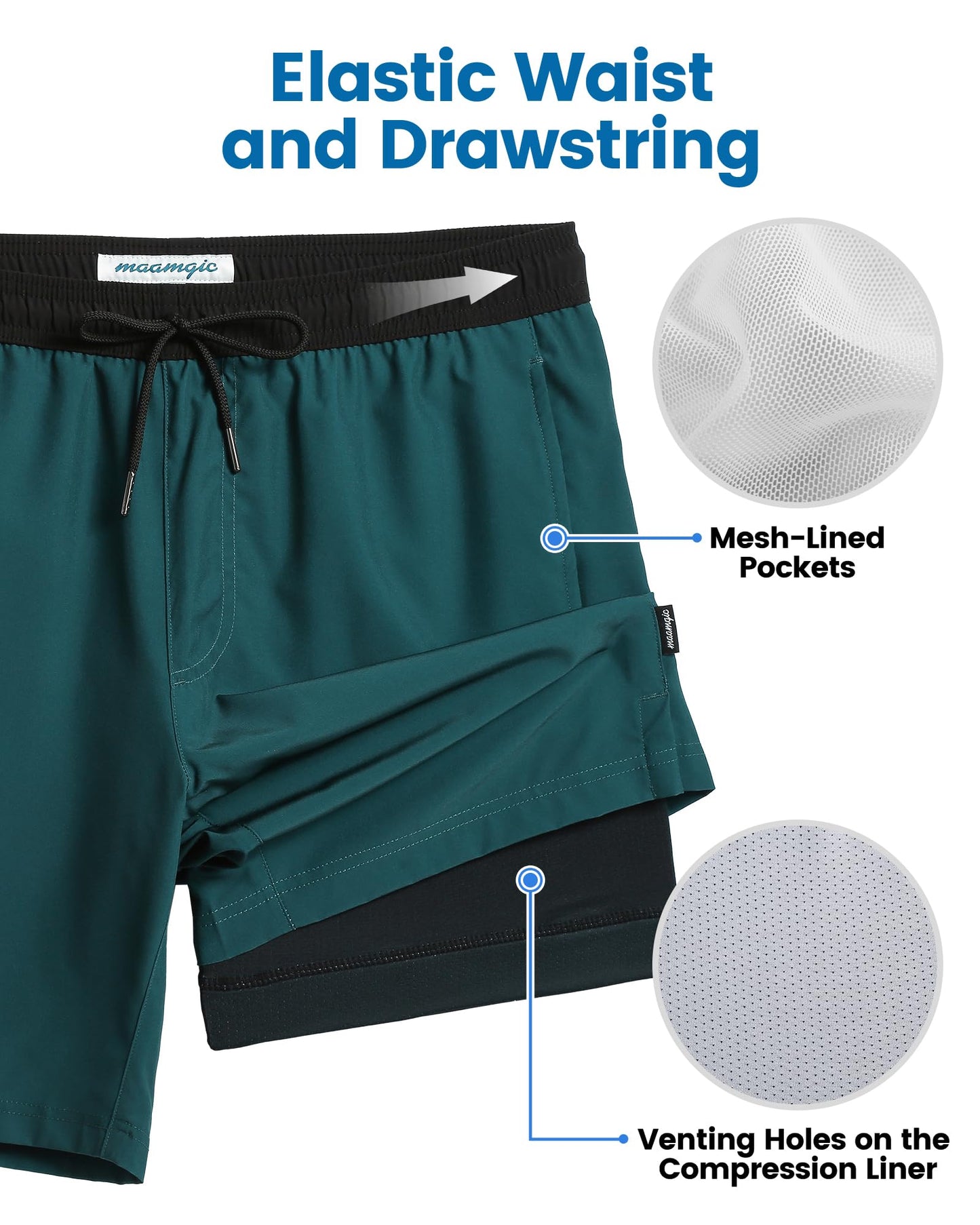maamgic Mens Swim Trunks with Compression Liner 7 Inch Inseam Mens Bathing Suit Quick Dry Swimming Trunks Swimsuit Reef Green and Black Medium