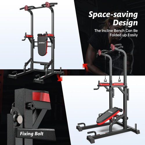 Pooboo Power Tower Dip Station Pull-Up Bar, Adjustable Multi-Function Fitness Equipment for Home Gym Strength Training, Full-Body Workouts, Vertical Knee Raises, Dips and Pull-Ups