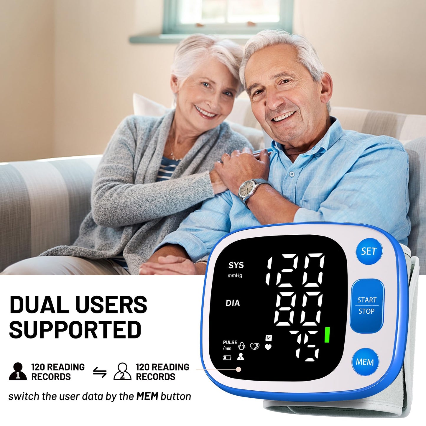 Oklar Blood Pressure Monitors for Home Use Rechargeable Wrist Digital BP Machine Cuff with LED Backlit Display, Voice Broadcast, 240 Memory Storage for 2 Users with Carrying Case, Blue