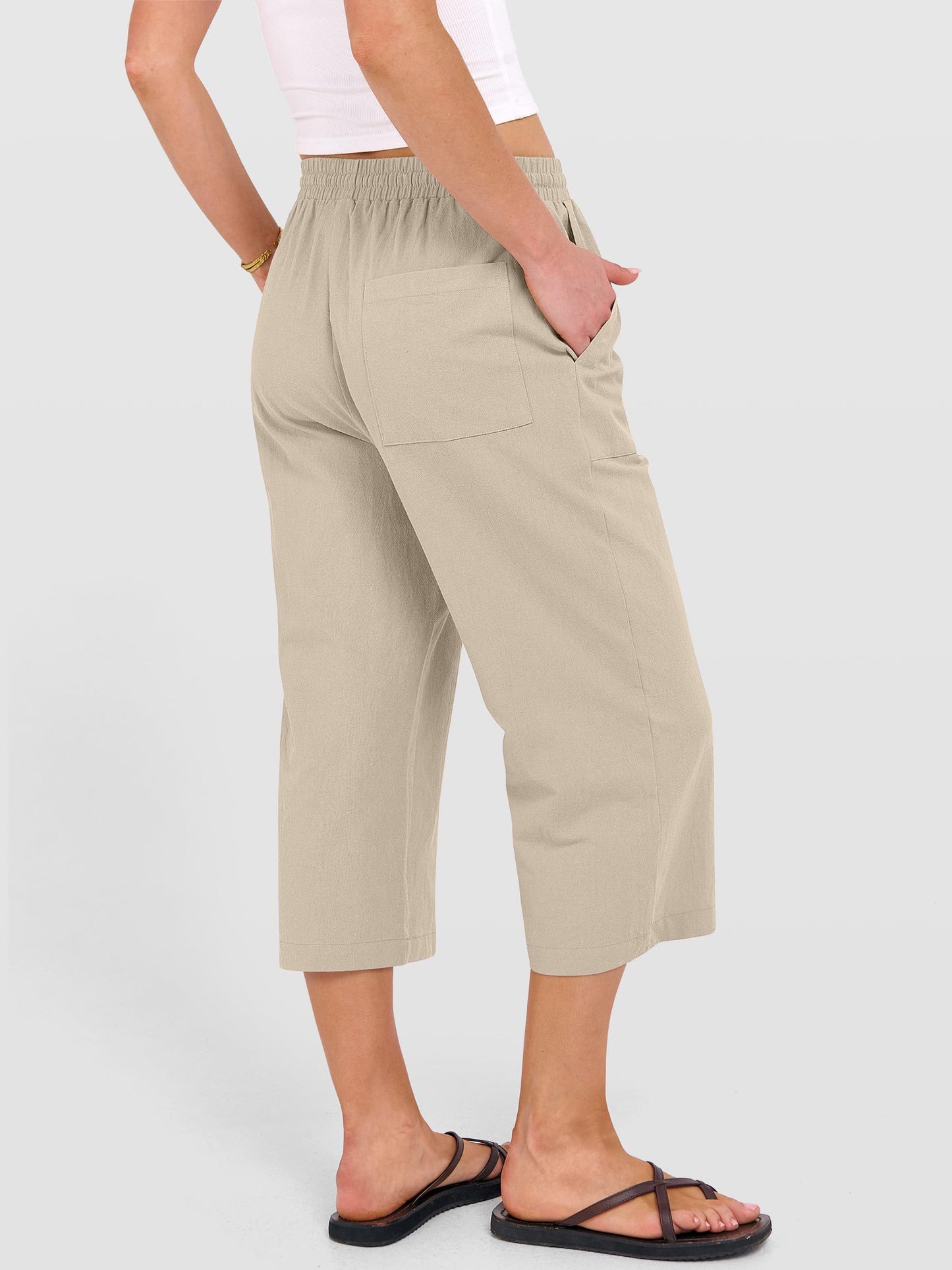 ANRABESS Capris Pants for Women Summer Casual Loose Drawstring Elastic High Waist Straight 2026 Lounge Beach Cropped Trousers Large Light Beige