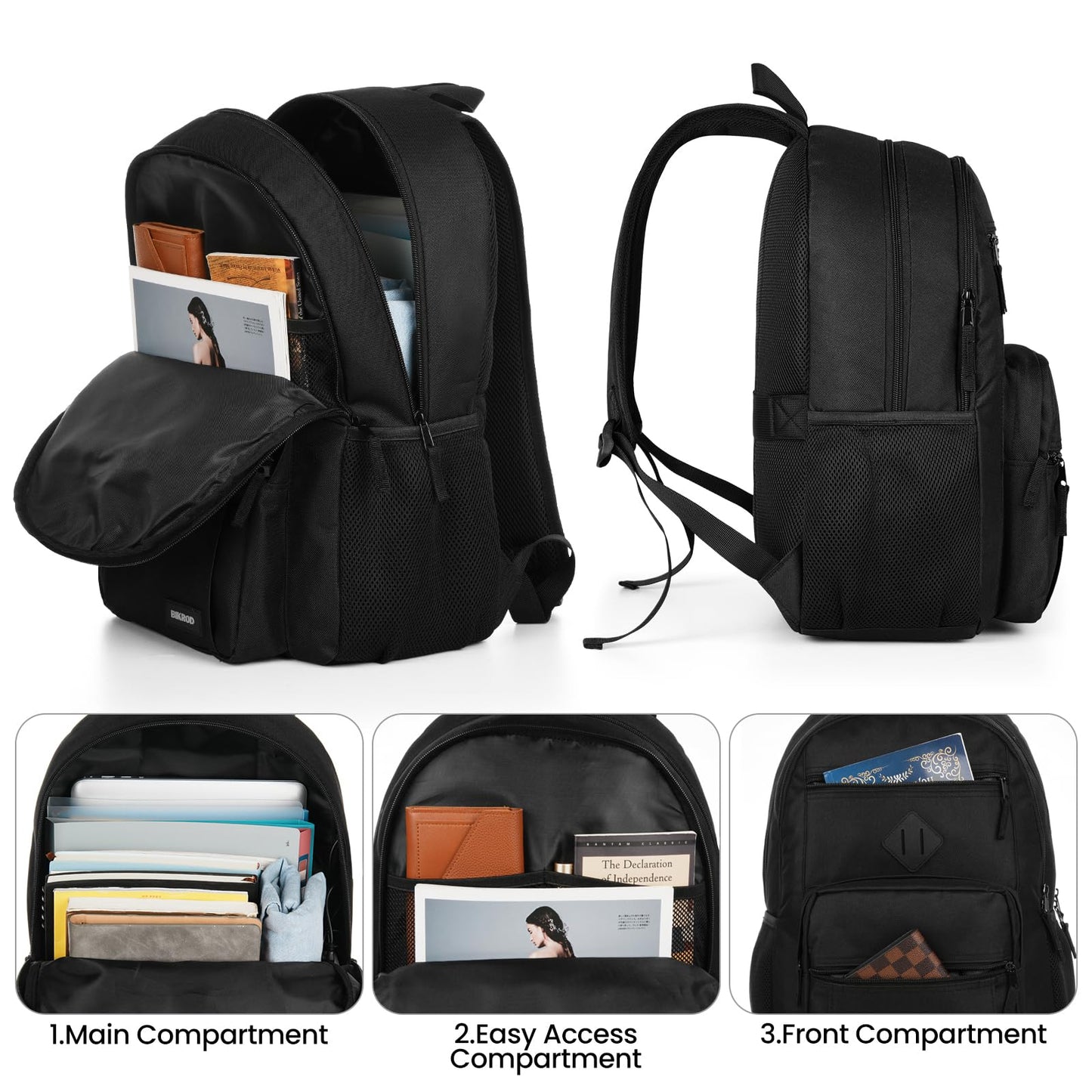 BIKROD Black Backpack for Men and Women, Backpack for School Teens Boys and Girls, Lightweight Casual High School Bookbag, Daily-use Travel Laptop Backpack Fits 15.6 Inch Notebook