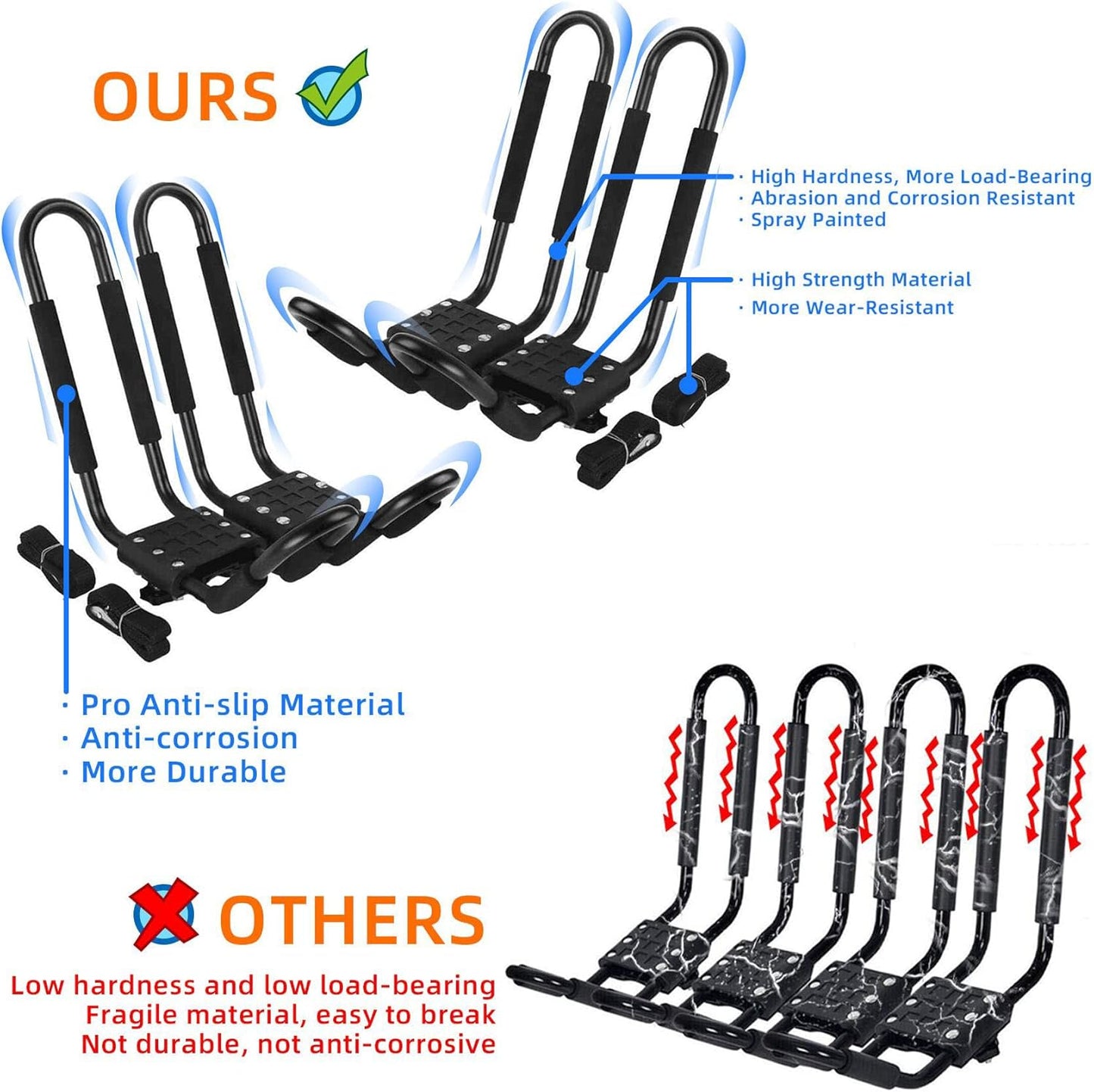 Kayak Roof Rack 2 Pairs J-Bar Carrier Holder for Canoe, SUV, Cars, Truck, Surf Ski, Car Top Mount Racks for Trip, Set of 4