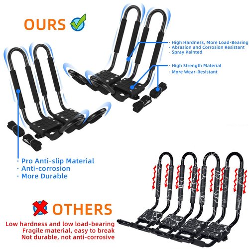 PIRIPARA Kayak Roof Rack 2 Pairs J-Bar Carrier Holder for Canoe, SUV, Cars, Truck, Surf Ski, Car Top Mount Racks for Trip, Set of 4