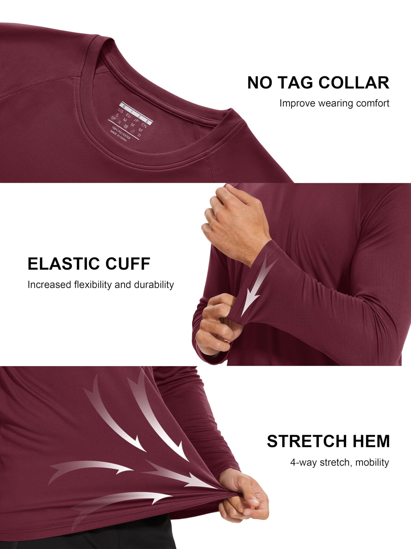 MAGCOMSEN Mens Swim Shirt Long Sleeve Shirts Athletic Hiking Workout Shirts Quick Dry Baselayer Shirt Tee Rash Guard Wine