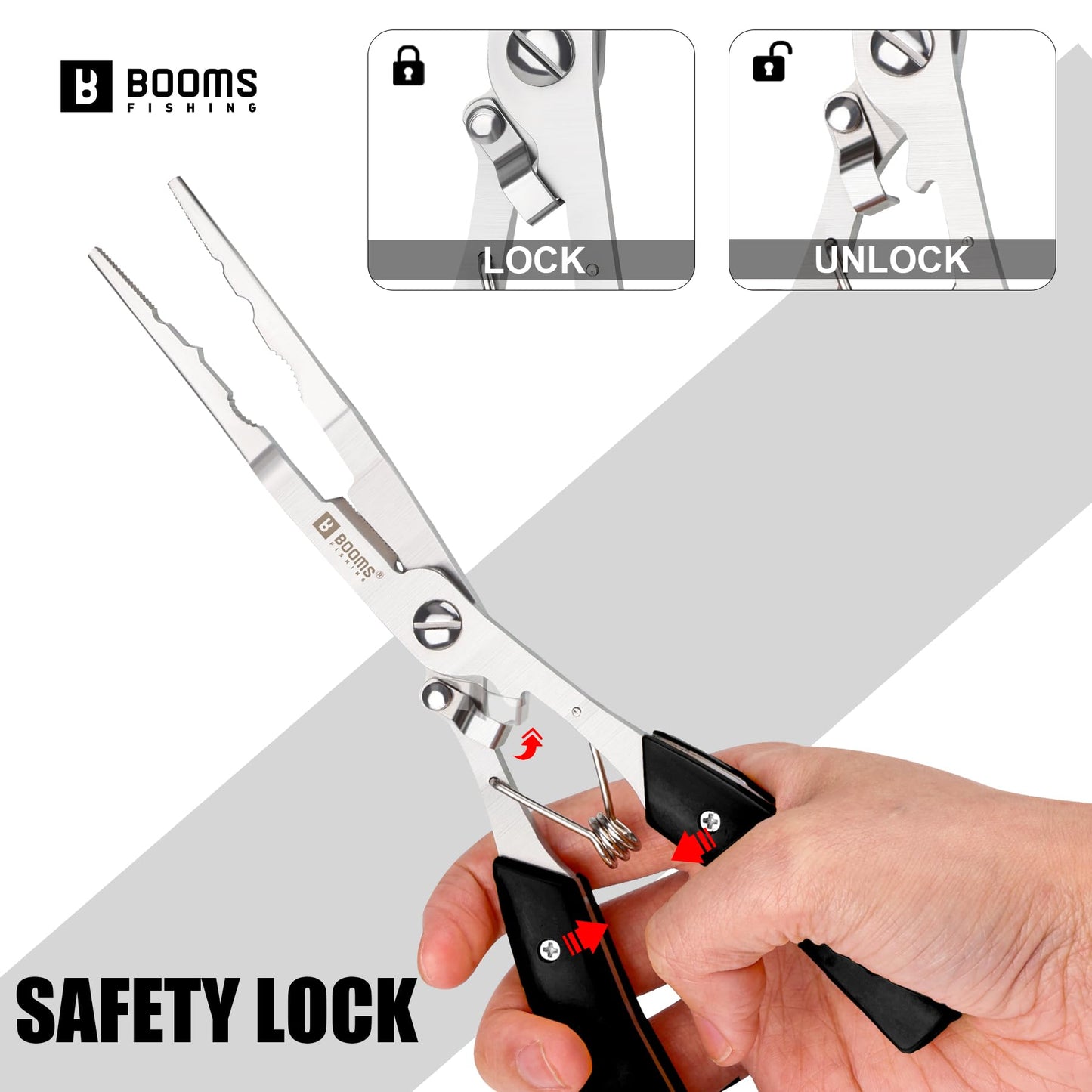 Booms Fishing Pliers Hook Remover: 8" Long Nose Fish Pliers Stainless Steel for Saltwater - Braid Line Cutters with Coiled Lanyard and Safety Lock Design, Multi-Function Fishing Tool For Men, H06