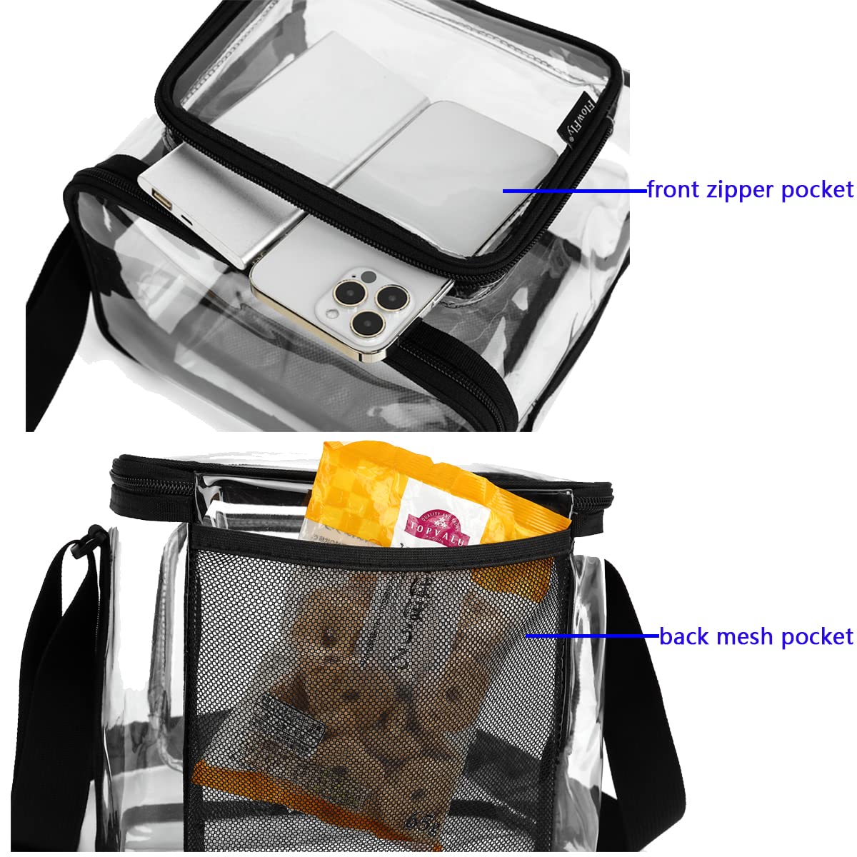 FlowFly Insulated Reusable Lunch Bag Adult Large Lunch Box for Women and Men with Adjustable Shoulder Strap,Front Zipper Pocket and Dual Large Mesh Side Pockets, Clear