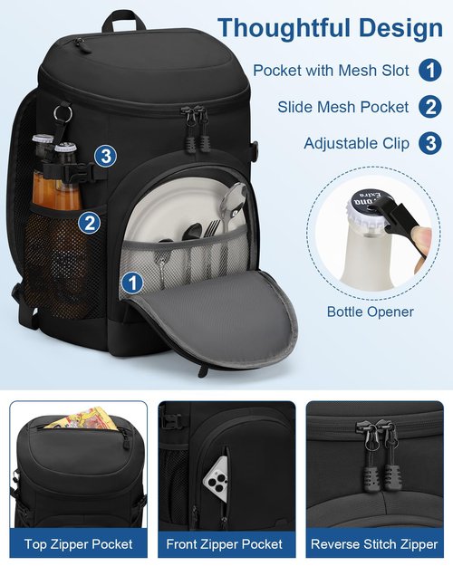 Pritent Cooler Backpack Insulated Waterproof,30 Cans Backpack Coolers Leakproof Lunch Backpack for Men Women Portable Soft Cooler Bag for Beach Camping Travel Picnic, Black