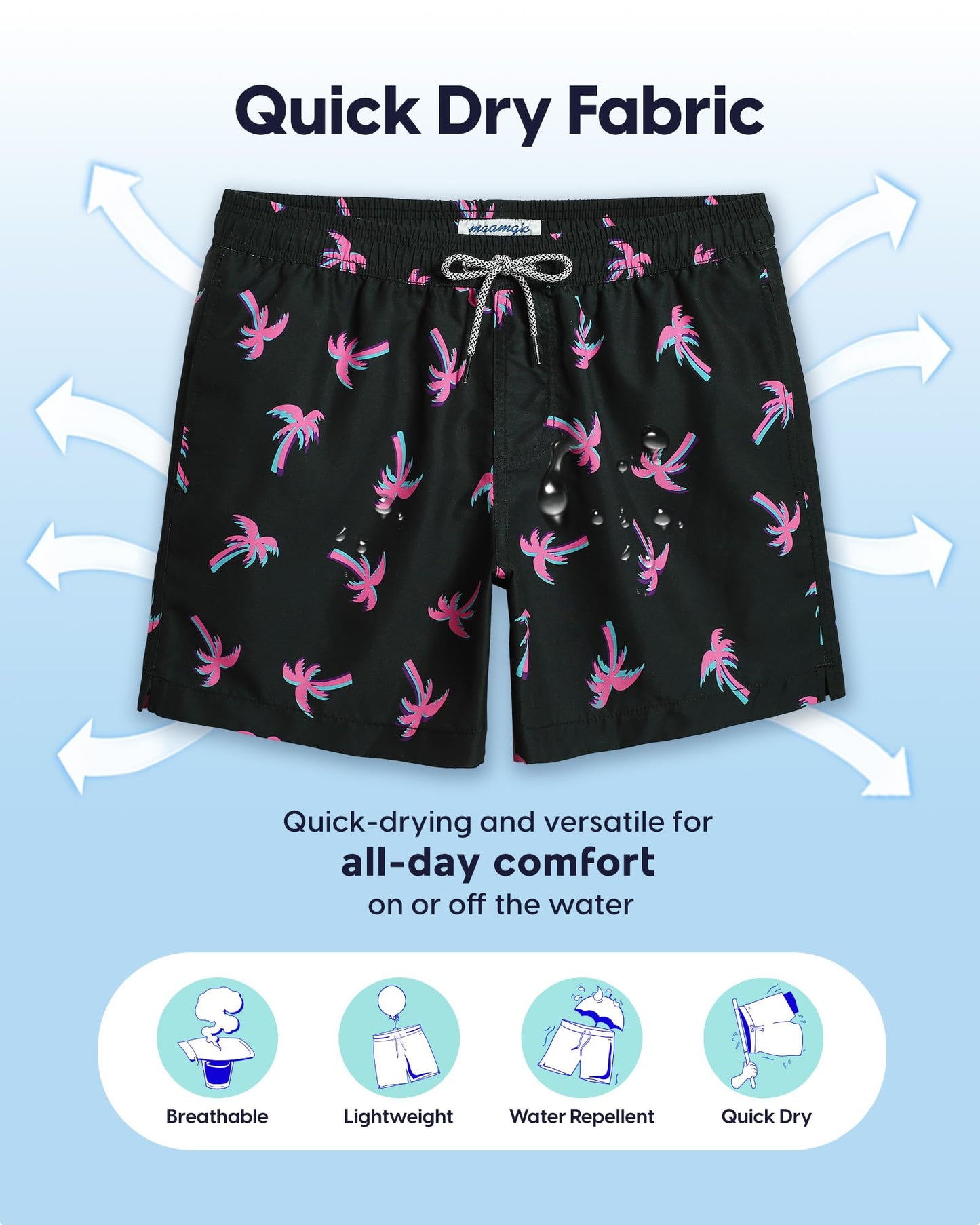 maamgic Mens Swim Trunks 5 Inch with Mesh Lining, Quick Dry Mens Bathing Suit, Swim Shorts for Swimming and Beach, Medium