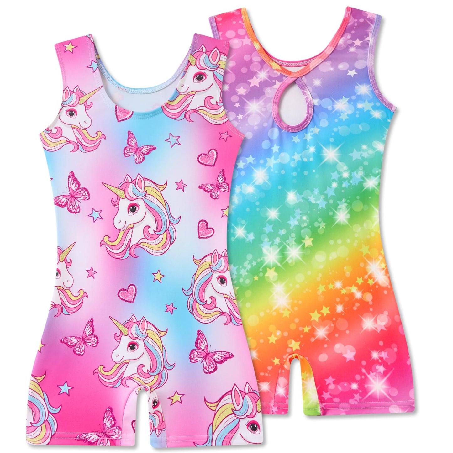 Taubow 2 Packs Gymnastics Leotards for Girls 4t 5t Rainbow Unicorn Tumbling Outfit Biketard with Shorts Gymnastics Outfit