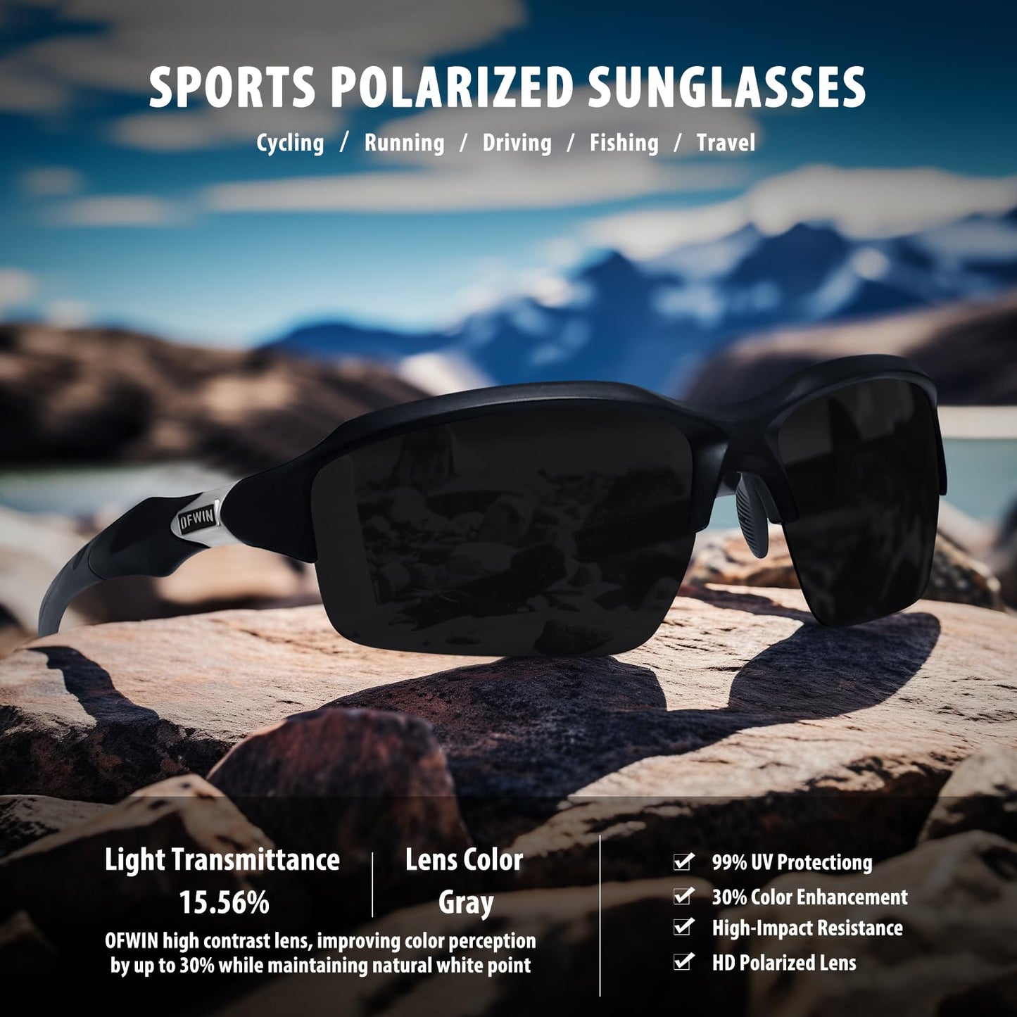 Ofwin Polarized Sports Sunglasses for Men Women Wrap Around Half Frame Cycling Fishing Bike Running Sun Glasses UV Protection Matte Black Frame/Gray Lens, standard