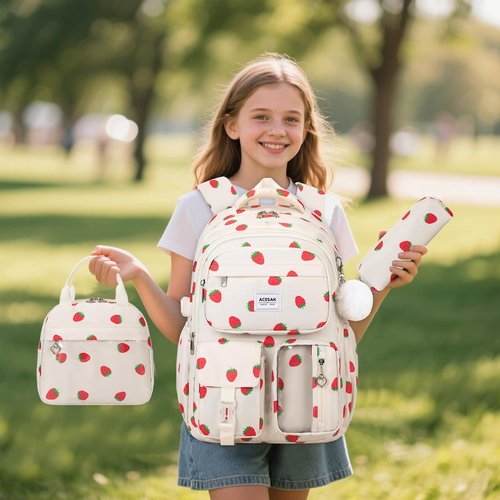 ACESAK Backpack for Girls - Girls Backpack with Lunch Bag & Pencil Pouch for Teen Kids Laptop Backpack for Women, Elementary Middle High School Bookbag Travel Daypack (Beige Strawberry)