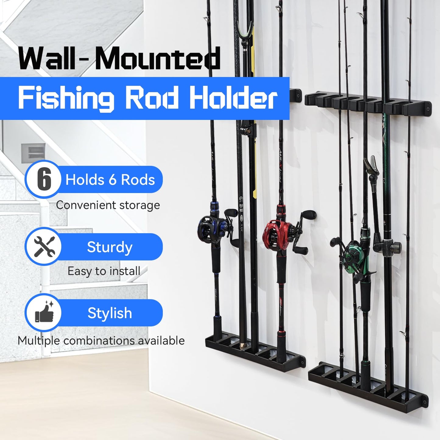 Tcakelox Fishing Rod Holder for Garage Fishing Pole Holders Fishing Rod Rack Vertical Wall-Mounted for Garage Stores 6 Rods or Combos Fits Most Rod Diameters (Vertical Black, 1 Pair)