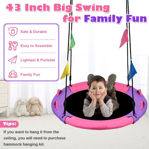 HeyZoo Tree Swing, 43 Inch Saucer Swing Sets for Kids, Come with 360 Degree Swivel and Adjustable Hanging Strap, Pink and Purple