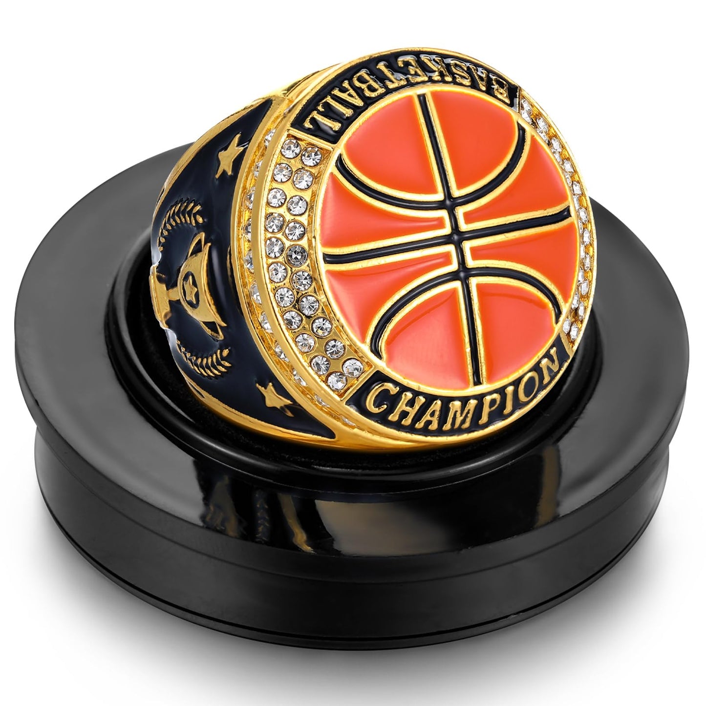 Highergo 1 PC Champion MVP Rings Baseball Soccer Basketball Volleyball Football Softball Trophy Ring with Display Stand and Neck Chain Size 11 for Winner Tournament Award Gift(Basketball)