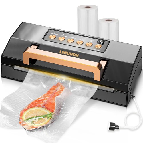 Powerful Suction Vacuum Sealer Machine,Commercial Fully Automatic Food Vacuum Sealer with Double Heat Seal,Dry & Moist Modes,Built-in Cutter,Bags Storage,Easy-Lock Handle,Include 2 Bag Rolls (Black)