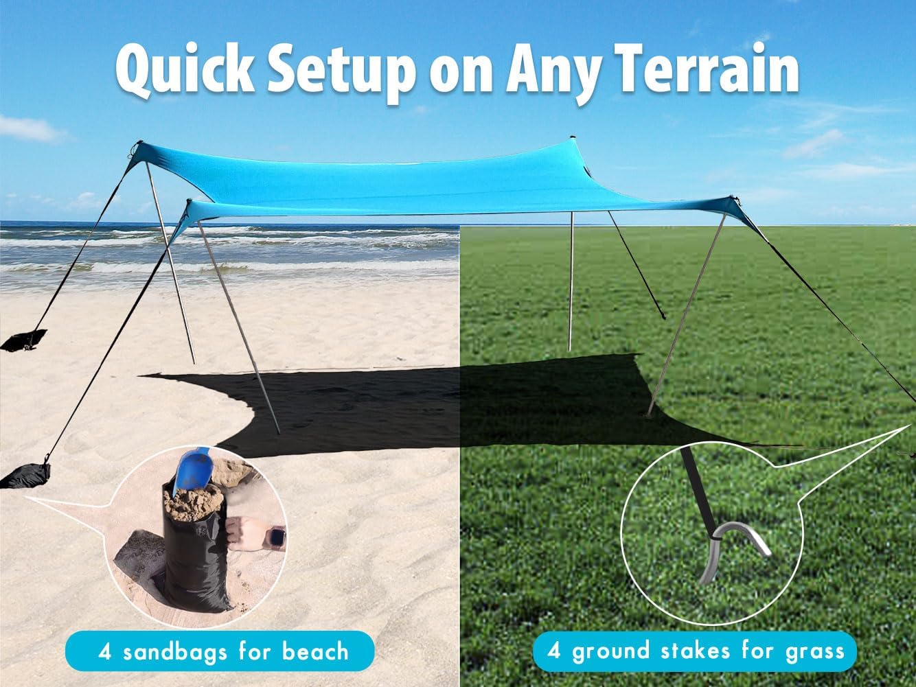 10×10ft UPF50+ Beach Tent Sun Shelter, Windproof Stable Outdoor Pop Up Beach Shade Canopy for Camping, Fishing, Backyard Fun or Picnics, 2 Poles