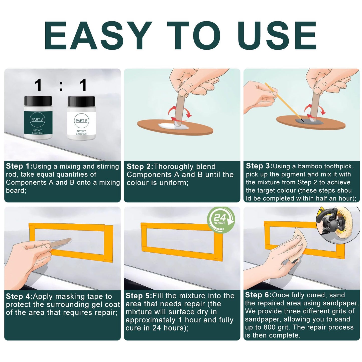 GDDP 200g Gel Coat Repair Kit for Boats, Repair Cracks Scratches Chips Holes Gaps, for Fiberglass, Porcelain, Acrylic