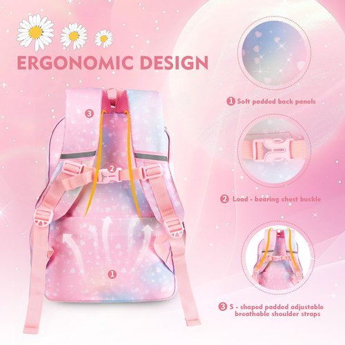 QJHEC Kawaii Rainbow Backpack for Girls – Cute Starry School Bags for Kids & Teens with Plush Pen Case & 6-Piece Study Supplies Set, Children's Bookbag for Elementary – Pink 17.5inch