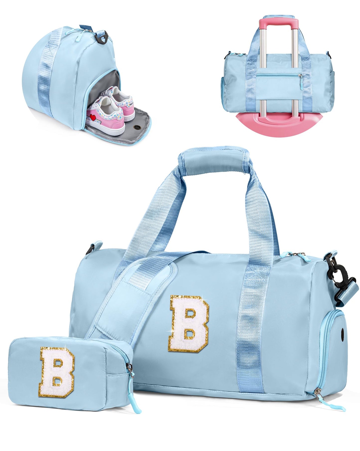 Vogewood Birthday Gifts for 3 4 5 6 7 8 9 10 11 12 Year Old Girls-Girl Gym Bag with Shoe Compartment, Kid Personalized Weekender Ballet Bags, Initial Travel Tote with Makeup Pouch (Letter B)