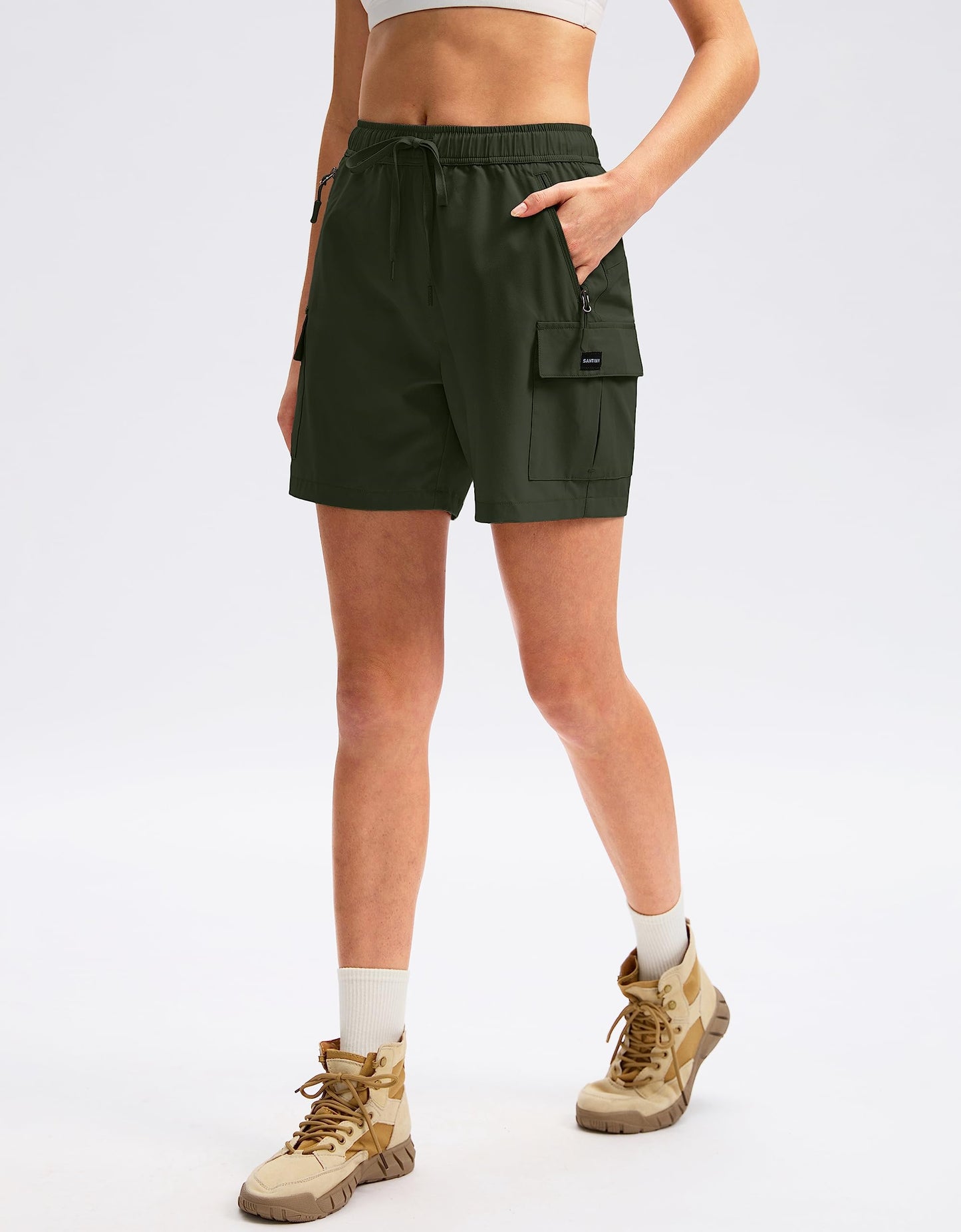 SANTINY Women's 5''/ 7''/9'' Hiking Cargo Shorts Quick Dry Lightweight Summer Shorts for Women Athletic Golf Zipper Pockets(Army Green_M)