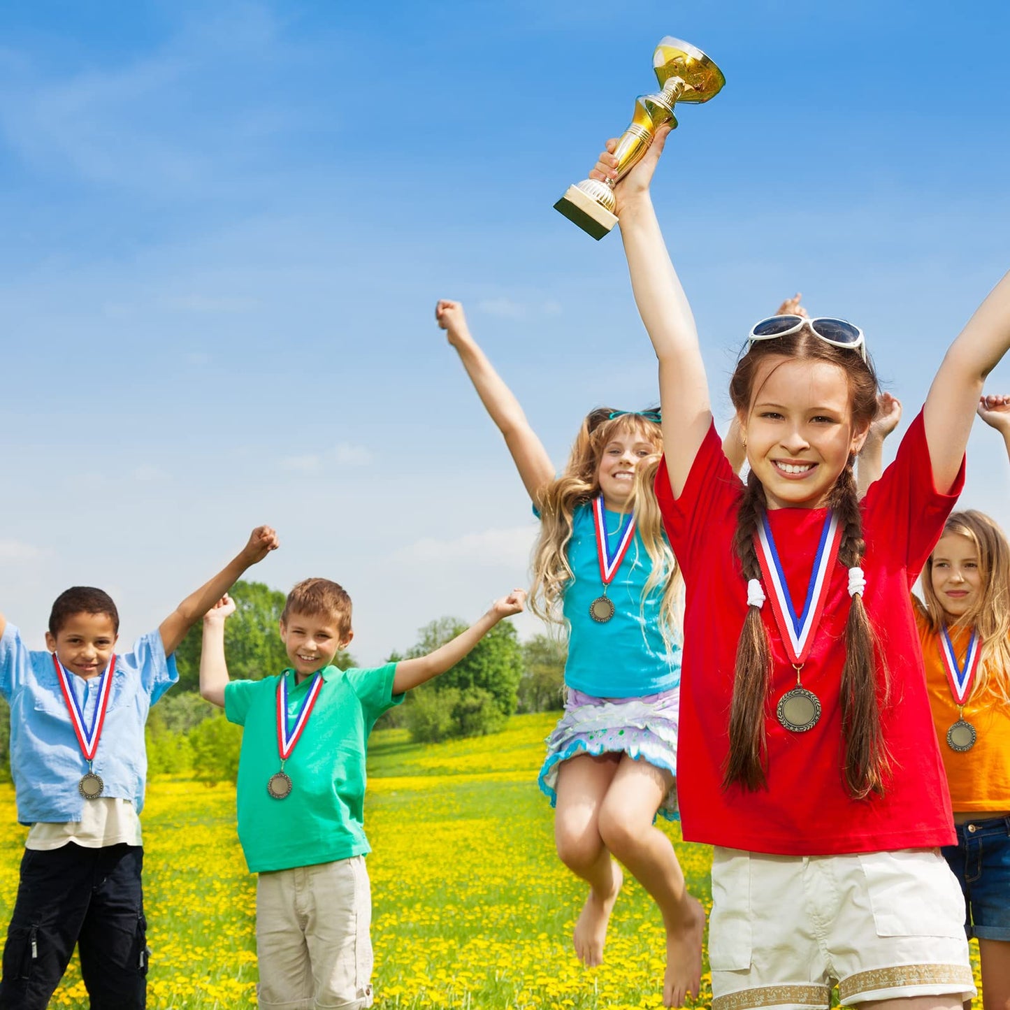 Junkin 24 Pcs Blank Award Medals with Neck Ribbons Winner Participation Medal Awards Make Your Own Kit 1st Place Cheer Participation Trophy Metal Prize Gift(Gold,Simple)