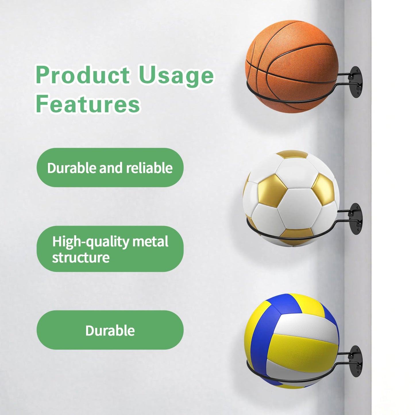 Basketball Holder Wall Mount, Metal Ball Holder Wall Mount for Basketball, Soccer, Football & Volleyball, Space-Saving Ball Storage and Display Rack for Garage, Bedroom, Game Room (2Pack Black)
