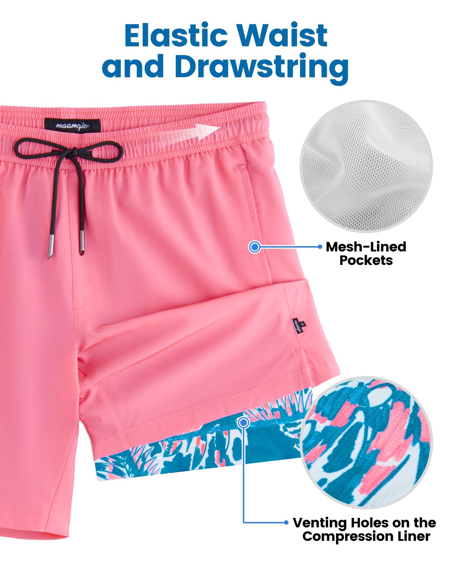 maamgic Mens Swim Trunks with Compression Liner 7 Inch Inseam Mens Bathing Suit Quick Dry Swimming Trunks Swimsuit Pink Flowers Medium