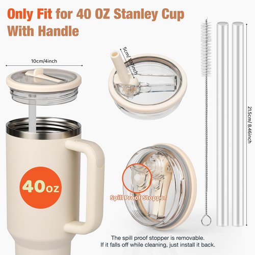 40oz Flip Straw Lid Replacement for Stanley Quencher H2.0 Tumbler, 2 Cream Leak Proof Flip Lid & 4 Tritan Straws & 2 Straw Brush