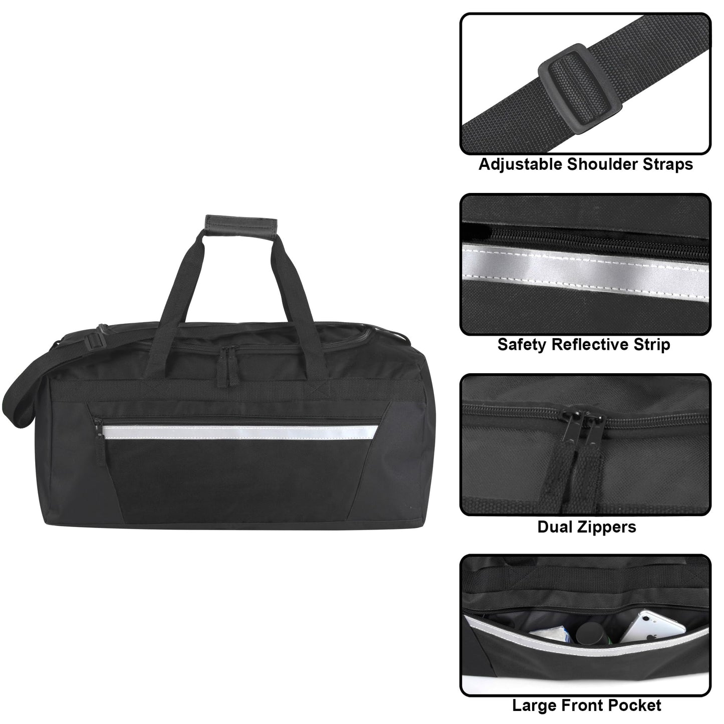 40 Liter, 22 Inch Reflective Duffle Bag with Shoulder Strap for Men, Women, Travel (Black)