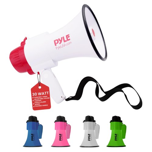 Pyle Megaphone Speaker PA Bullhorn - with Built-in Siren 30 Watt Voice Recorder & 800 Yard Range - Ideal for Football, Soccer, Baseball, Hockey, Basketball, Cheerleading Fans & Coaches - PMP35R