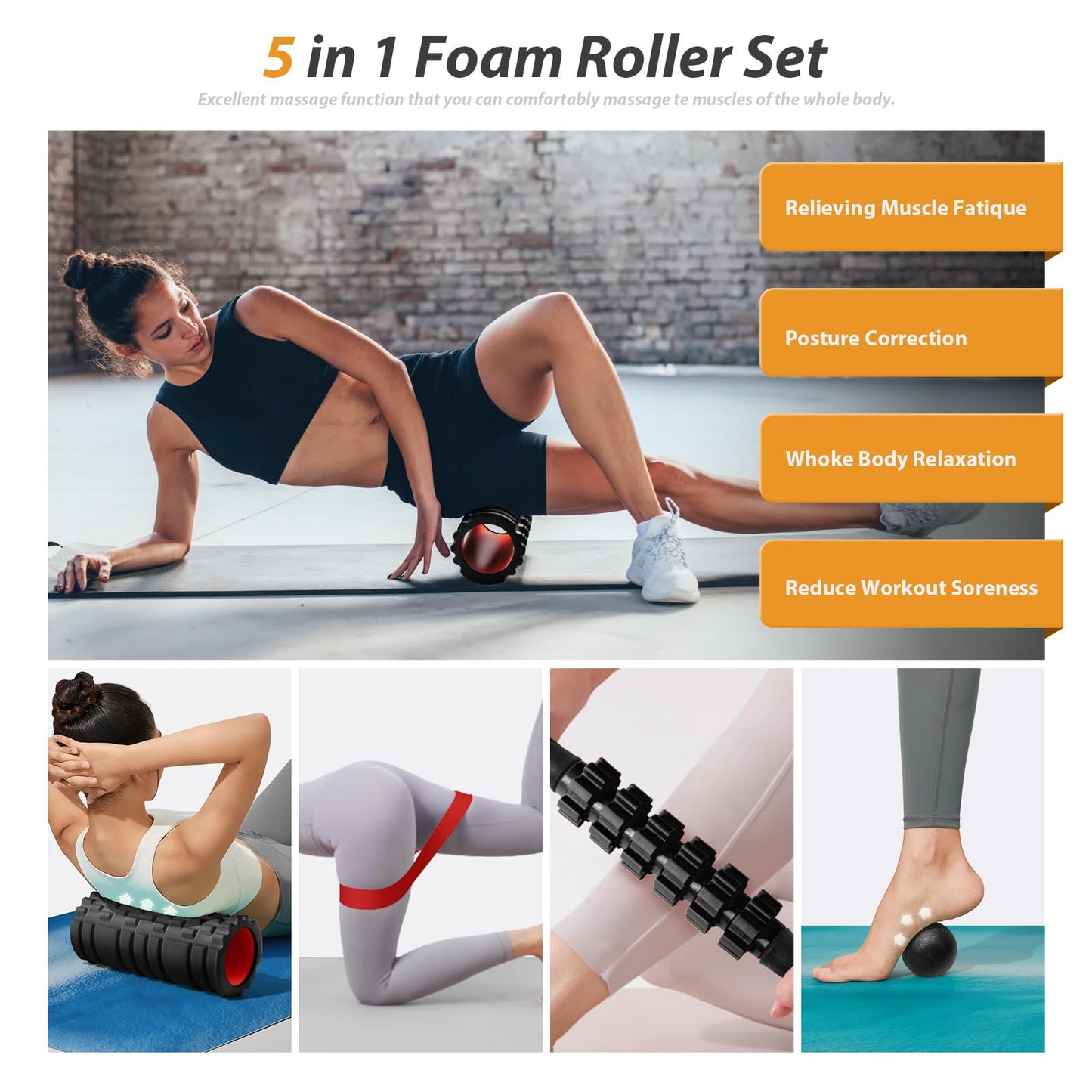 5 in1 Foam Roller Set, Trigger Point Foam Roller, Massage Roller Stick, Massage Ball, Resistance Band for Deep Muscle Massage Pilates Yoga,Fitness Exercise for Whole Body (Violet)
