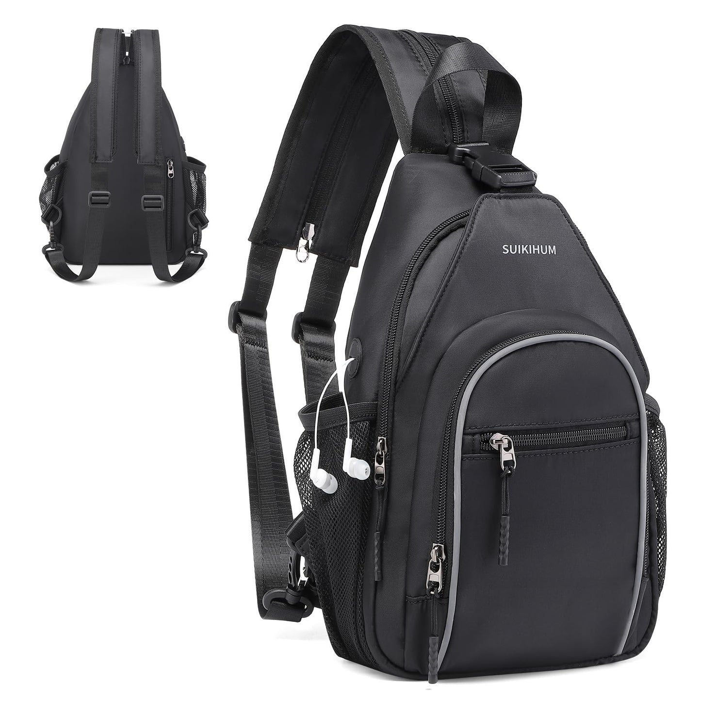 SUIKIHUM Crossbody Sling Bag with Water Bottle Holder, 8.3" Convertible Small Backpack Anti Theft Daypack, Chest Fanny Pack for Men Women, Black