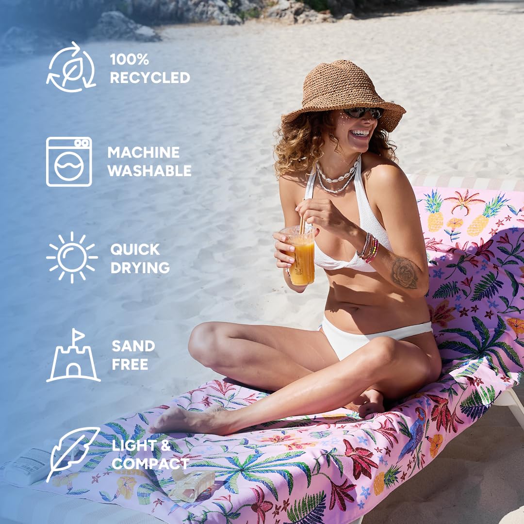 Dock & Bay Beach Towel - Quick Dry, Sand Free - Compact, Lightweight - 100% Recycled - Includes Bag - Pink Paradise - Extra Large (200x90cm, 78x35)