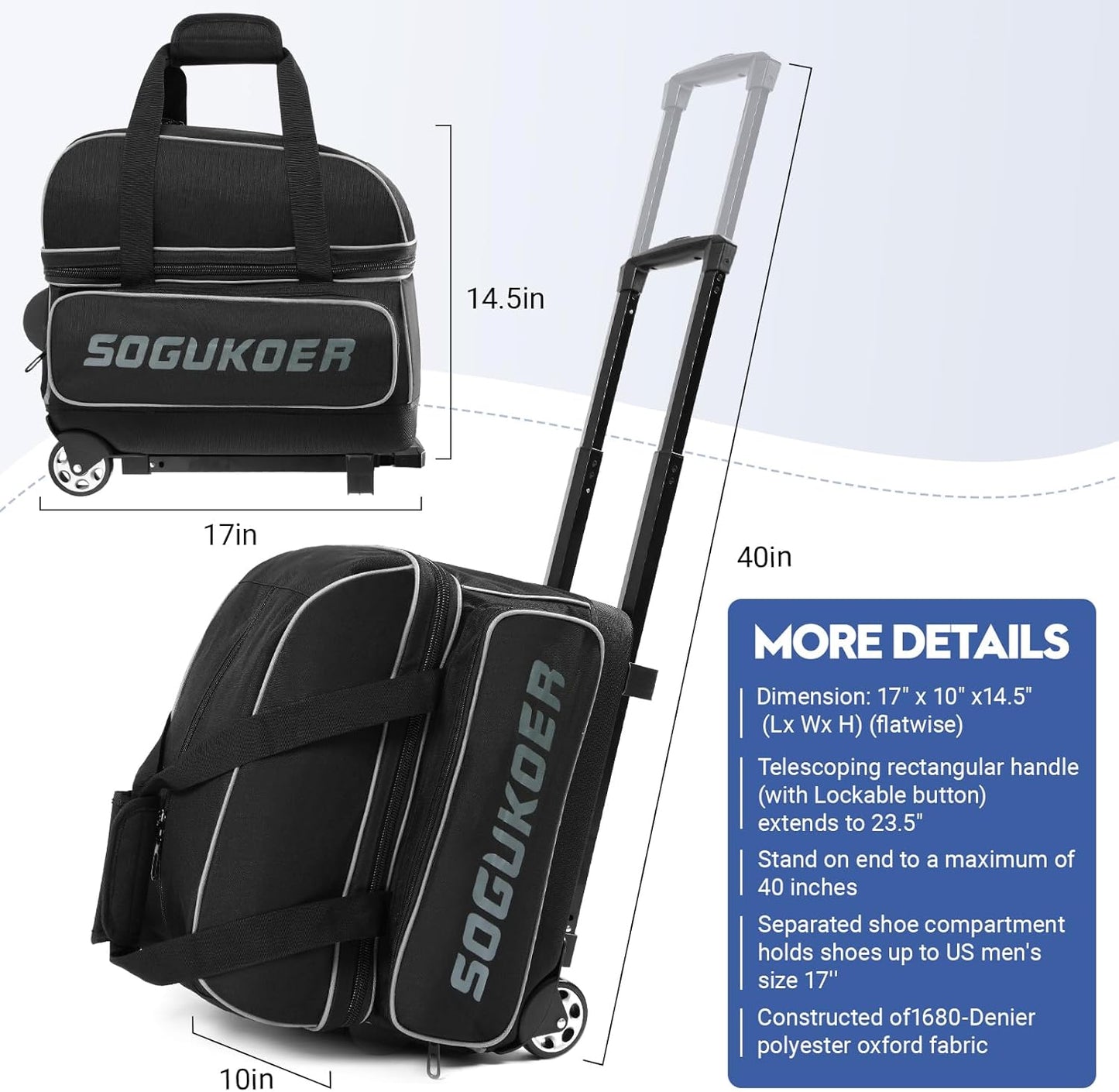2 Bowling ball Bag with Wheels, Lightweight Trolley Double Ball Bowling bag with Large Separate Shoe Compartment and Oversized Accessory Pocket, Retractable Handle Extends To 39.5"