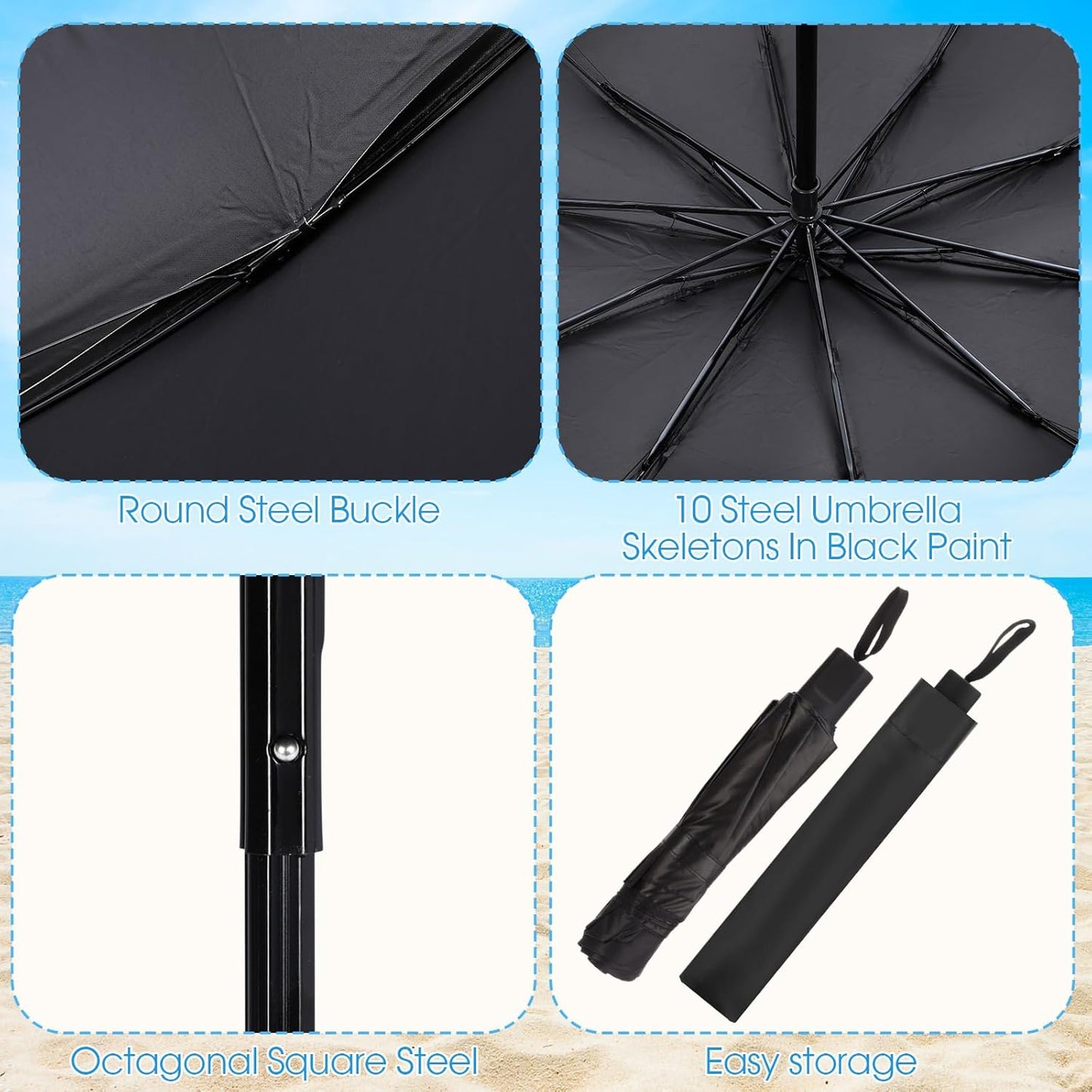 2 Pcs Beach Chair Umbrella with Clamp 49.2" 360° Adjustable Golf Umbrella with Clip and Retractable Stand Sun Shade for Camping Outdoor Travel Patio Wheelchair Golf Cart Stroller