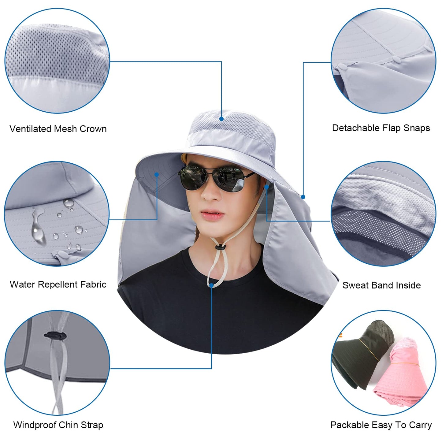 Outdoor Sun Hat for Men with Detachable Neck Flap Cover, Women UV Protection Wide Brim Hats for Safari Fishing Hiking Gardening Bg9215-lightgray
