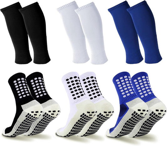 3 Set Kids Grip Soccer Socks and Shin Guard Sleeves Football Basketball Training for Age 7-14 Boys Girls