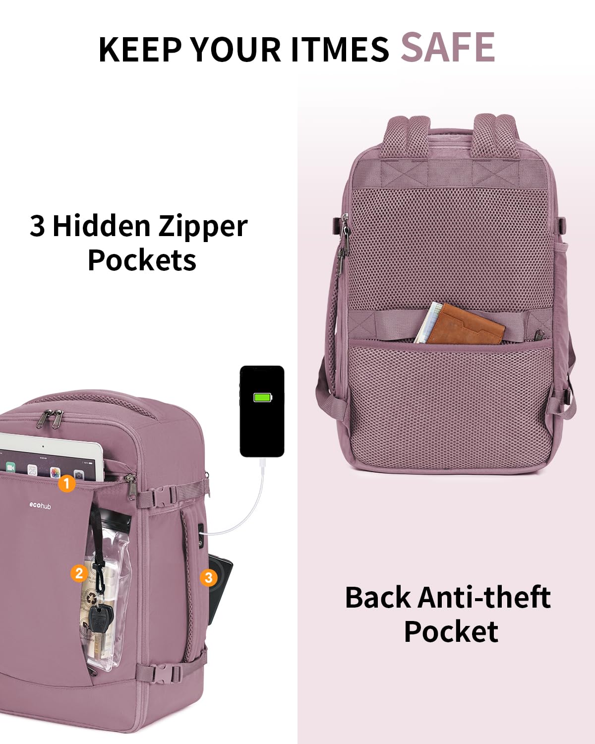 ECOHUB Travel Backpack for Women, Carry on Backpack with USB Charging Hole, Spirit Airlines Personal Item Bag Flight Approved, 15.6 Inch Laptop Backpack with Anti Theft Pockets, 30L, Pink