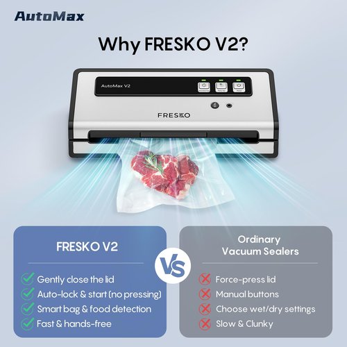 FRESKO Automatic Vacuum Sealer 95KPA Double Pump | Double Heat Seal for 8X Freshness | Pulse Vac Mode for Delicate Foods | Starter Kit with Bags 10-Pack