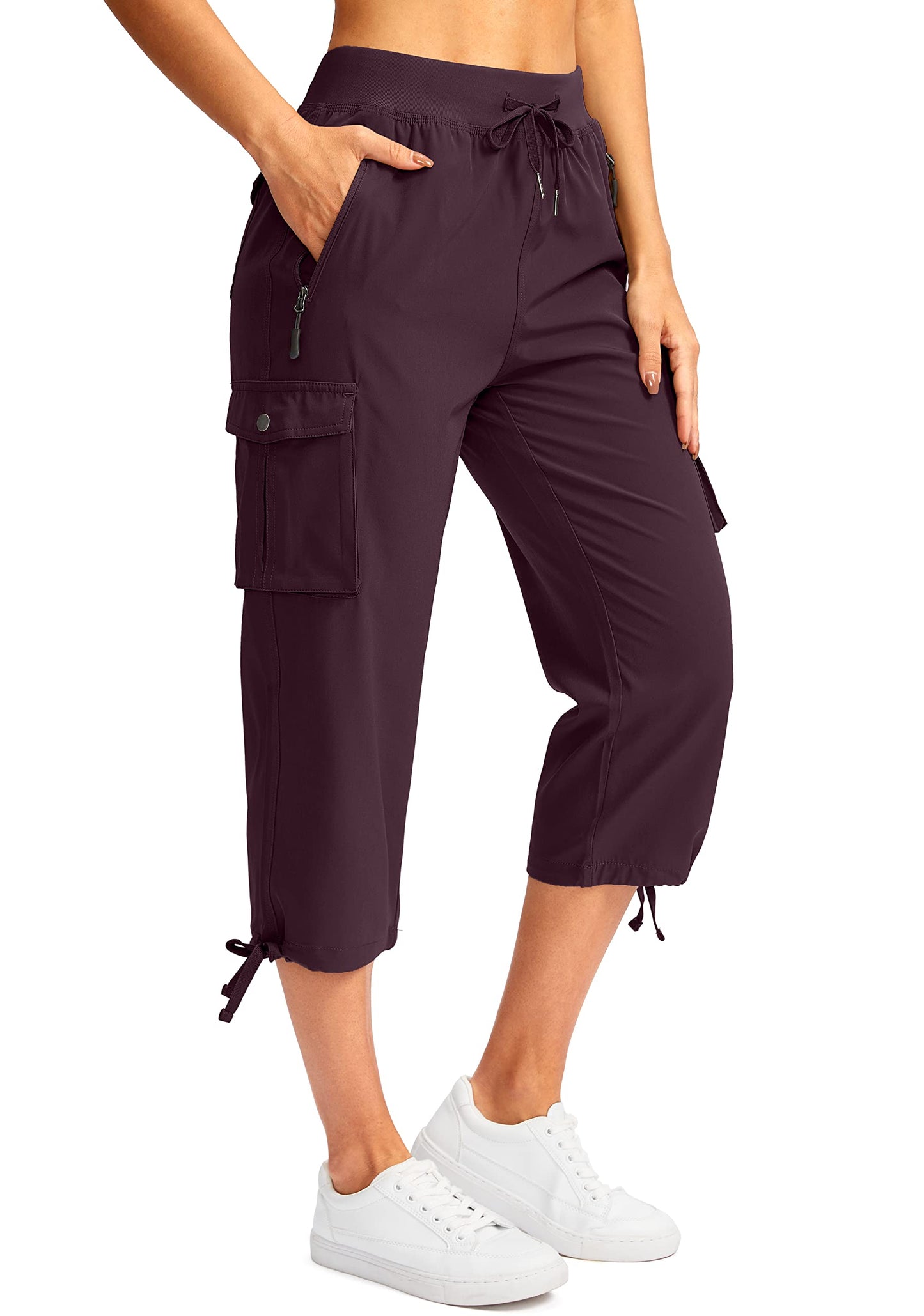 Soothfeel Women's Cargo Capris Pants with 6 Pockets Lightweight Quick Dry Travel Hiking Summer Pants for Women Casual (Wine, 3XL)