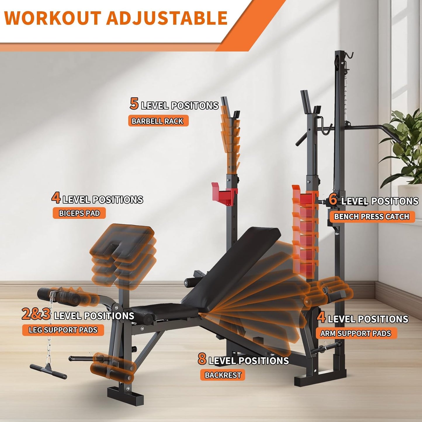 10-in-1 Adjustable Weight Bench Set, 1000 LBS Heavy Duty Multi-Function Bench Press Set with LAT Pulldown System and Squat Rack, Full-Body Strength Training Equipment for Home Gym