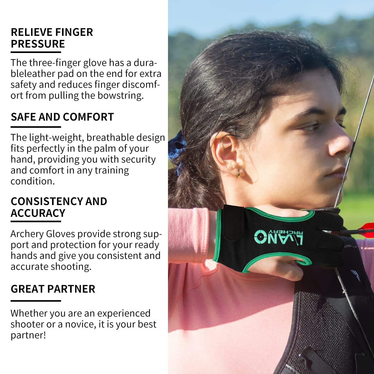 LWANO Archery Gloves Leather Practice Hunting Three Finger Protector for Youth Adult Beginner (Green, Small)