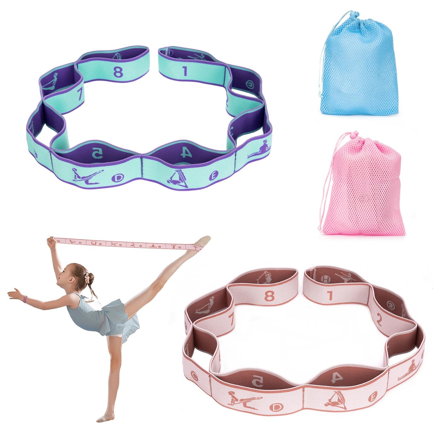 2PC Stretch Strap with Bag,Elastic Band for Cheer Equipment,Stretch Bands for Exercise,Yoga-Dance-Gymnastics&Pilates,Stretch Bands for Exercise,Portable Yoga Strap,Gym&Strap for Calf Stretching