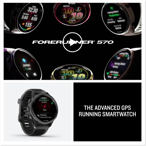 Garmin® Forerunner® 570, 42mm, Advanced GPS Running and Triathlon Smartwatch, AMOLED Display, Training and Recovery Features, Slate Gray Aluminum with Translucent Black/Black Band