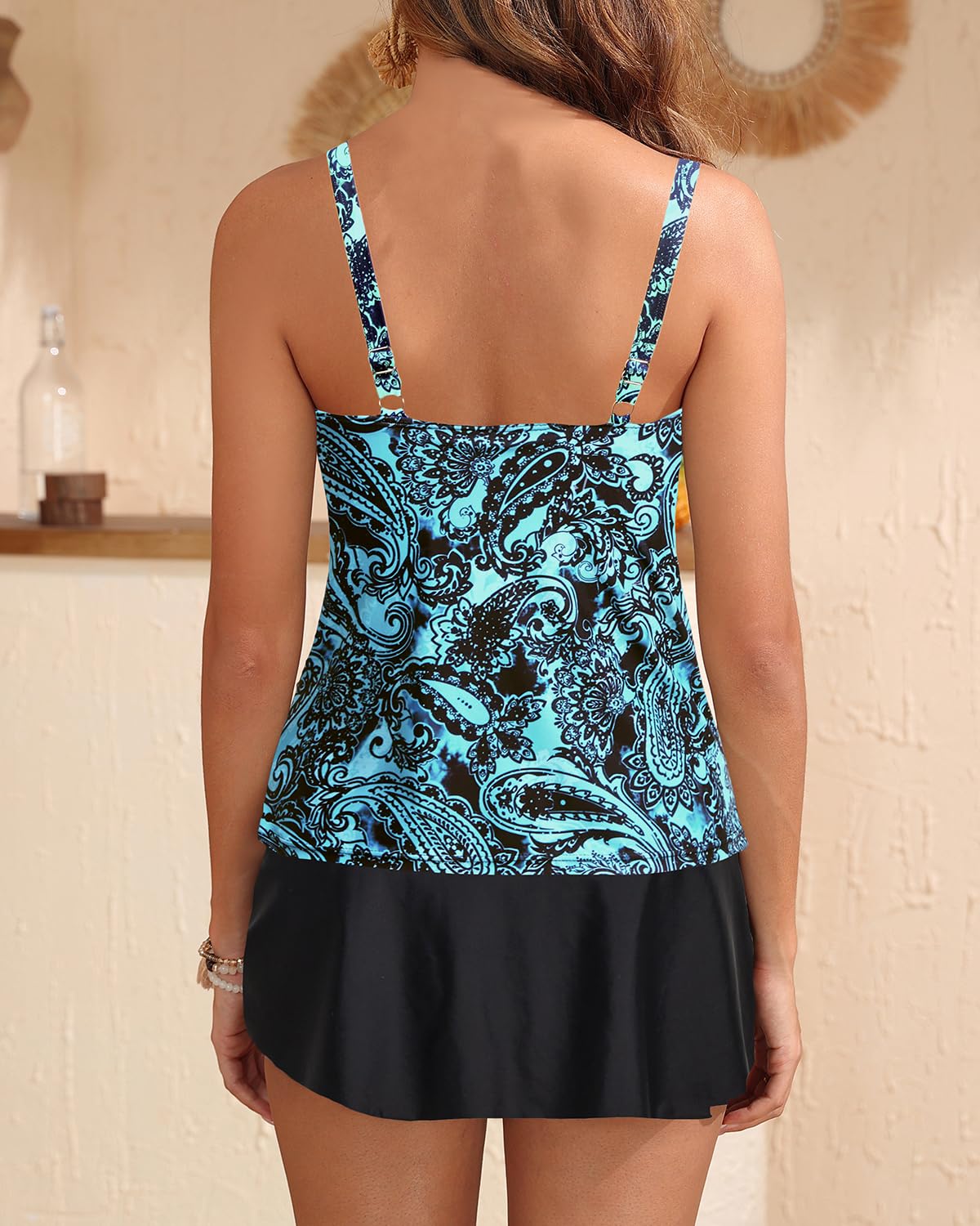 Aqua Eve Women Tankini with Skirt - Tummy Control Swimsuit Two Piece Bathing Suit Ruffle Swimwear Ladies Swim Suit Blue Paisley Tie Knot L